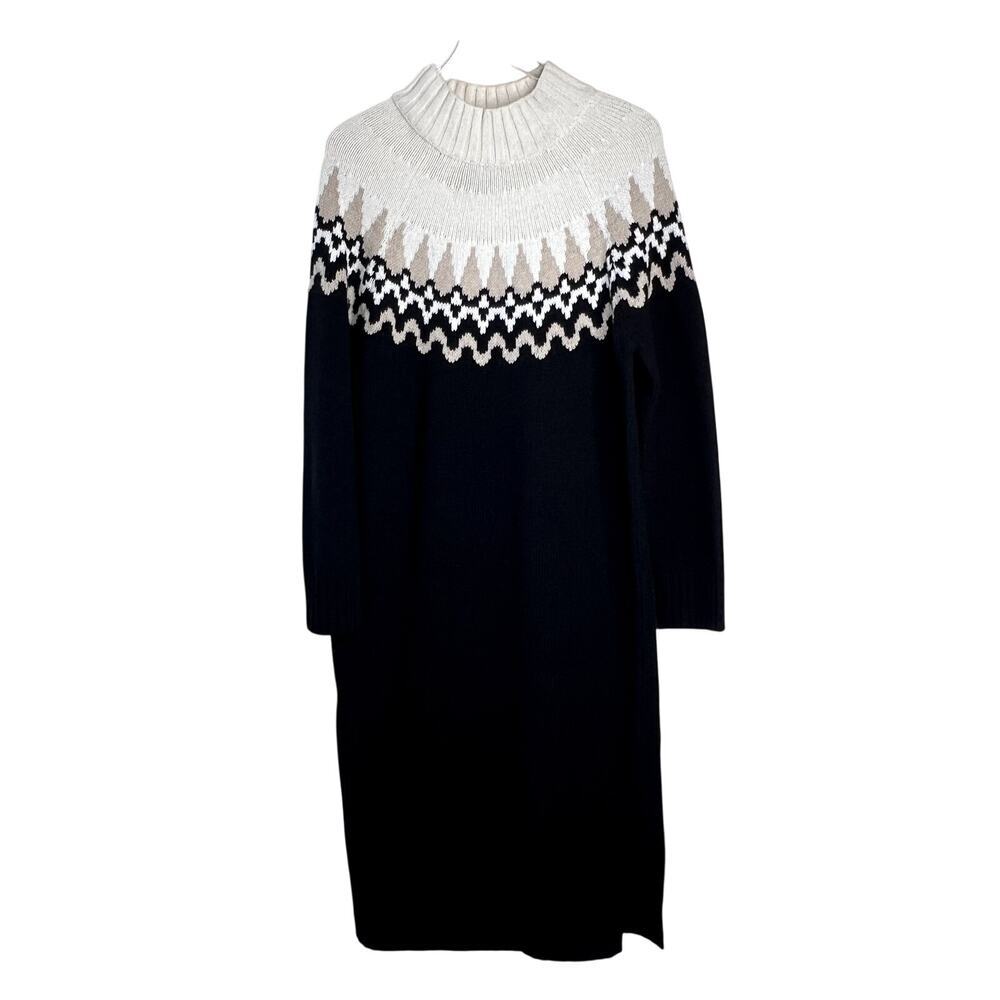 Barbour Kingsford Knitted Dress Faire Isle Sweater Funnel Neck Black White US 6